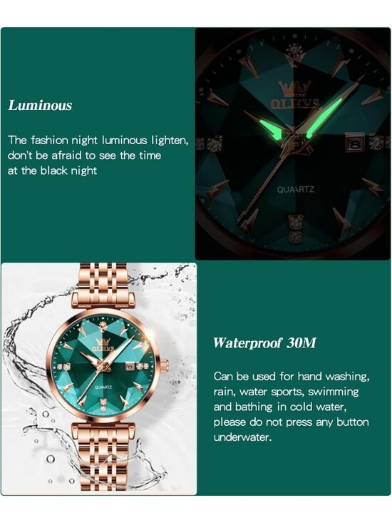 Women\'s Green Diamond Rose Gold Stainless Steel Waterproof Quartz Luxury Watch main image 4